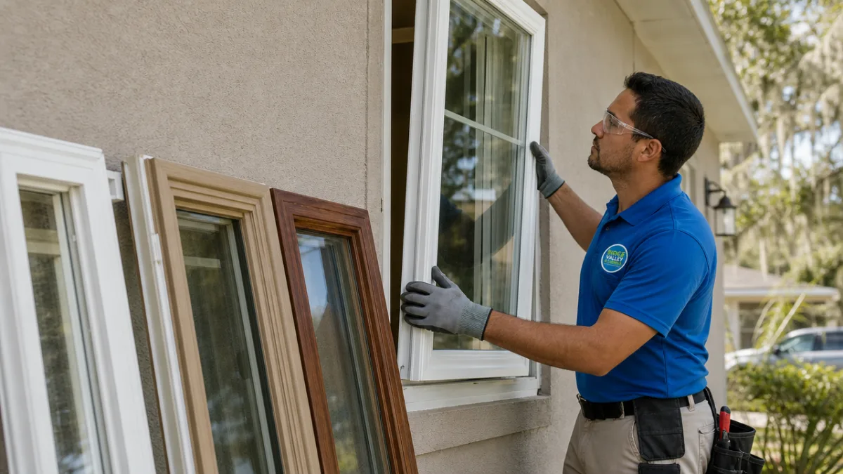 Installer fitting a vinyl replacement window with wood and fiberglass frame samples nearby