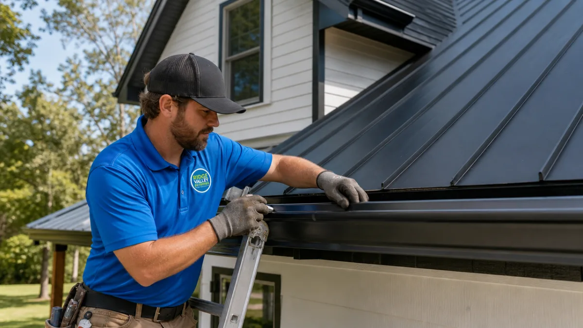 Worker installing a seamless gutter along a standing-seam metal roof