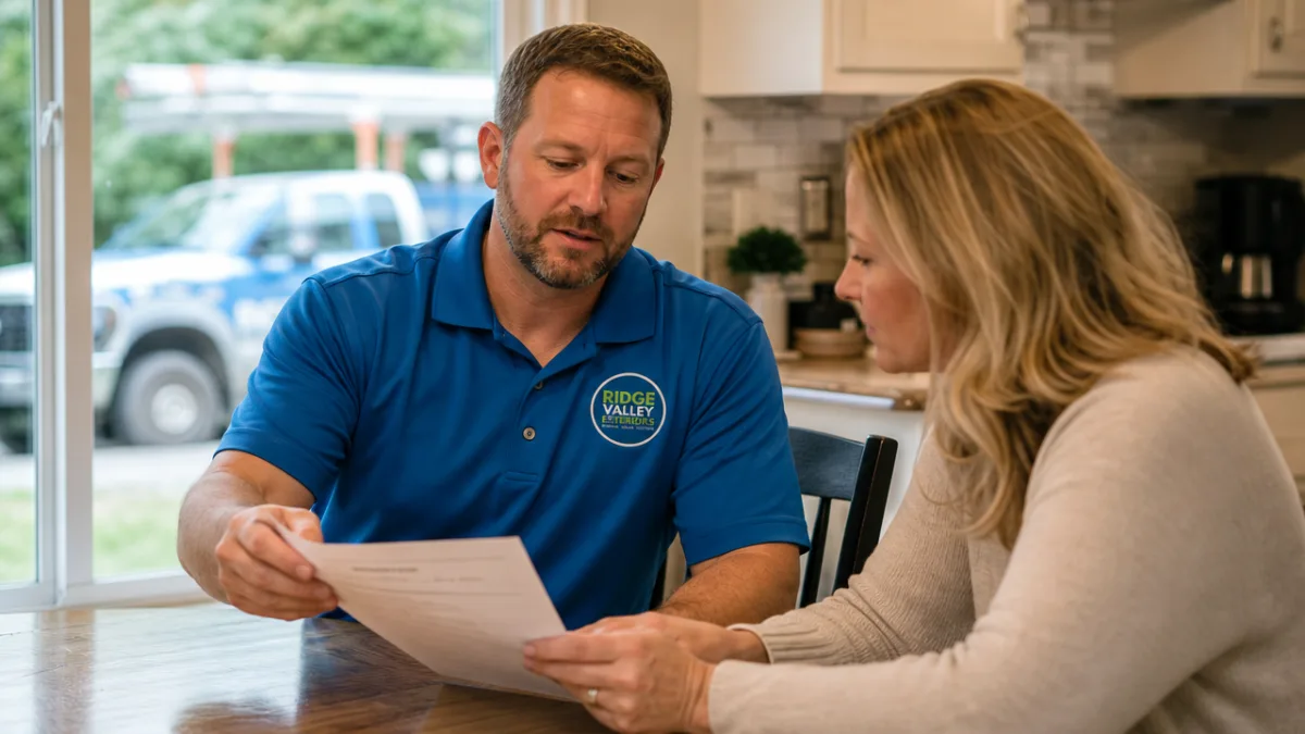 Roofing contractor presenting a written estimate to a homeowner