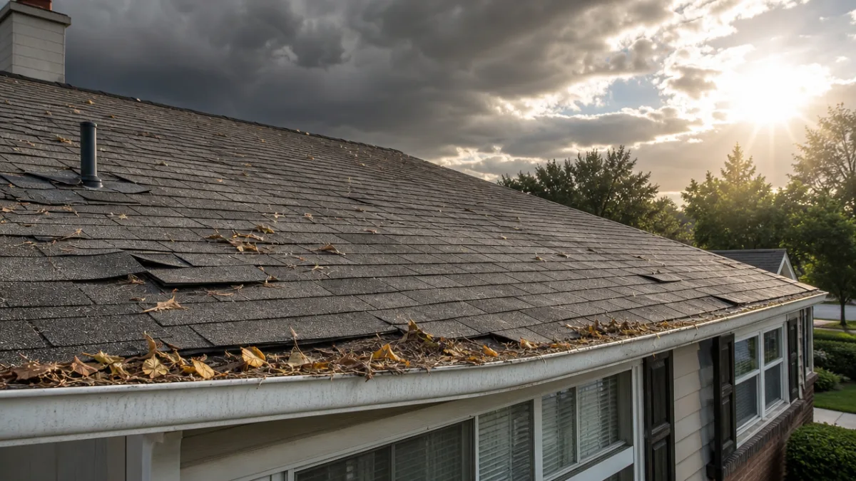 Suburban home roof showing year-round roof damage from sun, storms and debris